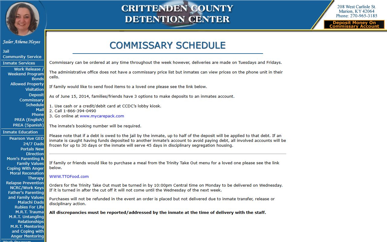 Crittenden County Circuit Court Clerk records detention commissary deposits