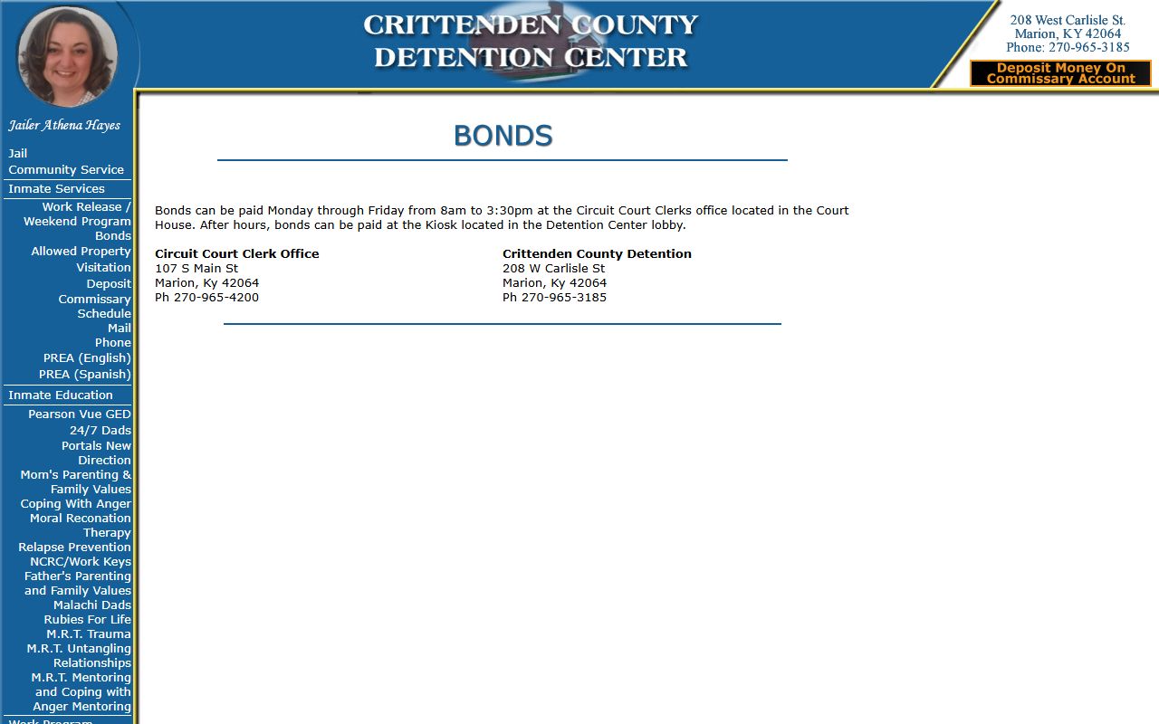 Crittenden County inmate records detention center bond payment information