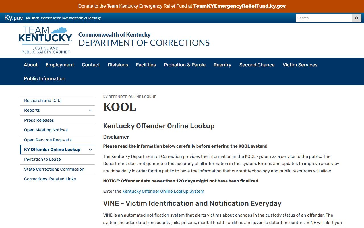 Crittenden County inmate records Kentucky DOC KOOL lookup