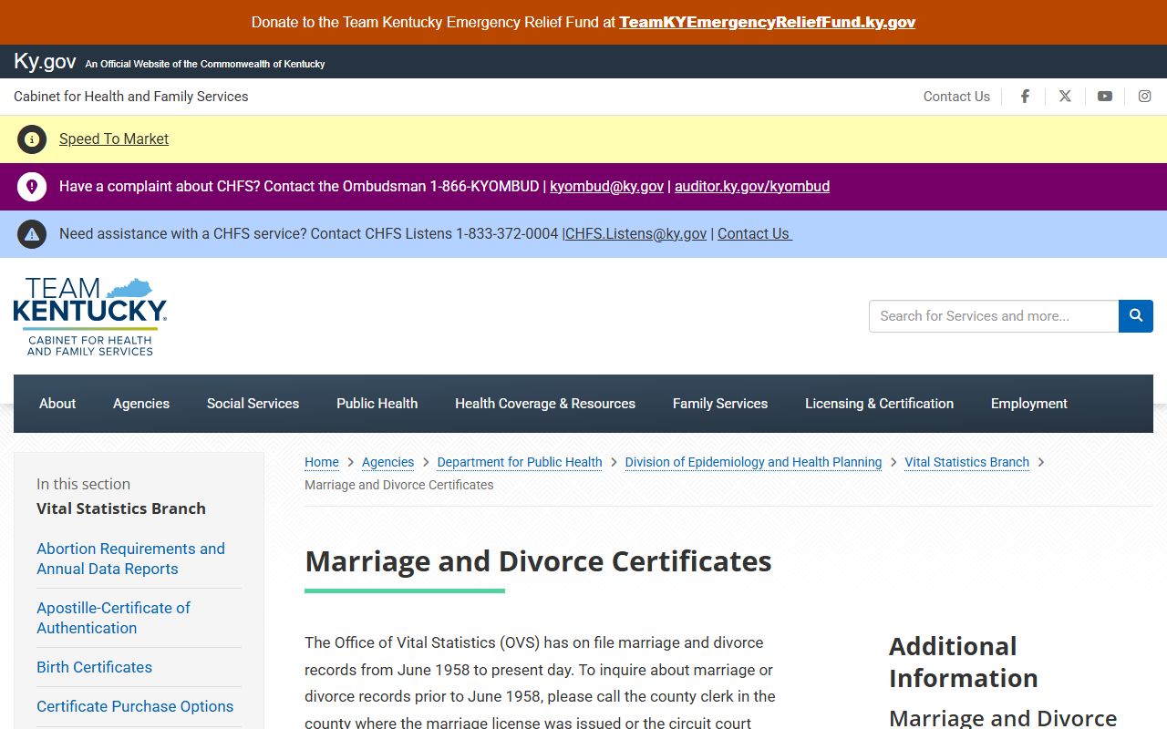 Crittenden County marriage and divorce records Kentucky certificate request page